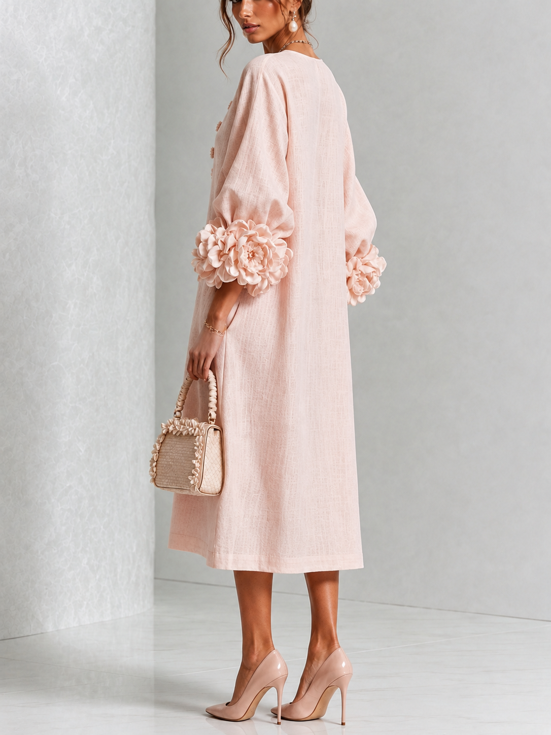 Lourença™ | Floral Cuff Button-Front Midi Dress