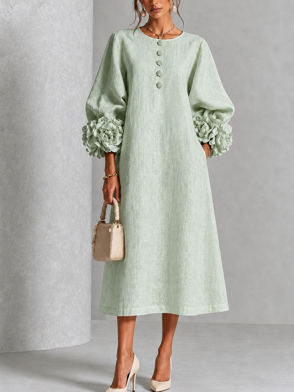 Mosseline™ | Floral Button-Front Midi Dress with Sculptural Rose Cuffs