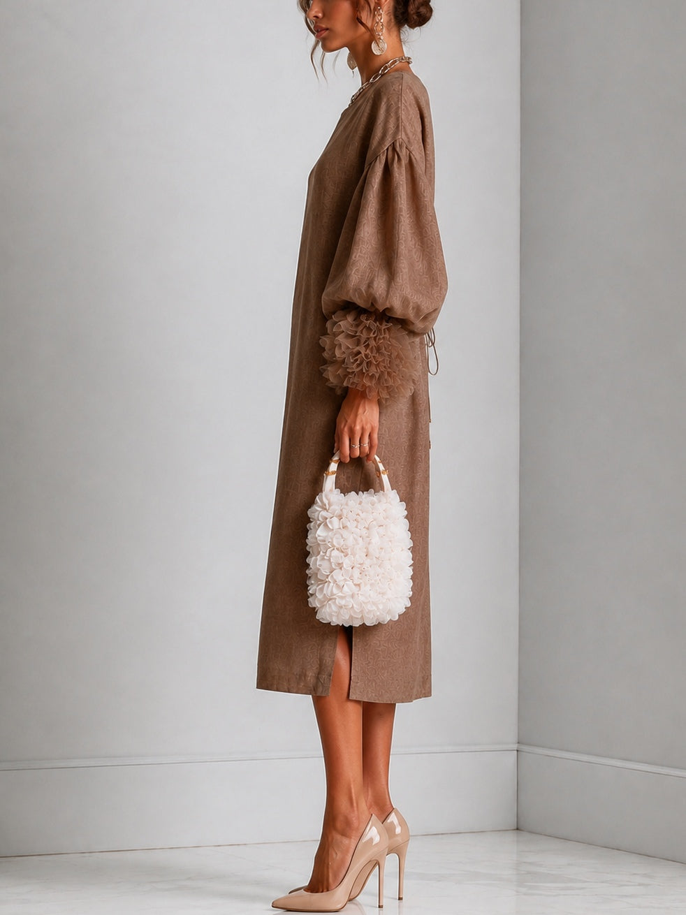 Fiorella™ | Drawstring-Waist Midi Dress with Lantern Sleeves & Ruffled Cuffs