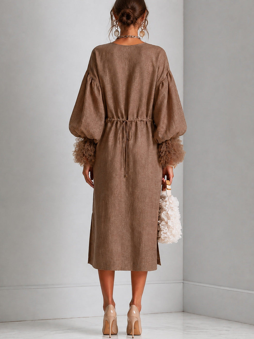 Fiorella™ | Drawstring-Waist Midi Dress with Lantern Sleeves & Ruffled Cuffs