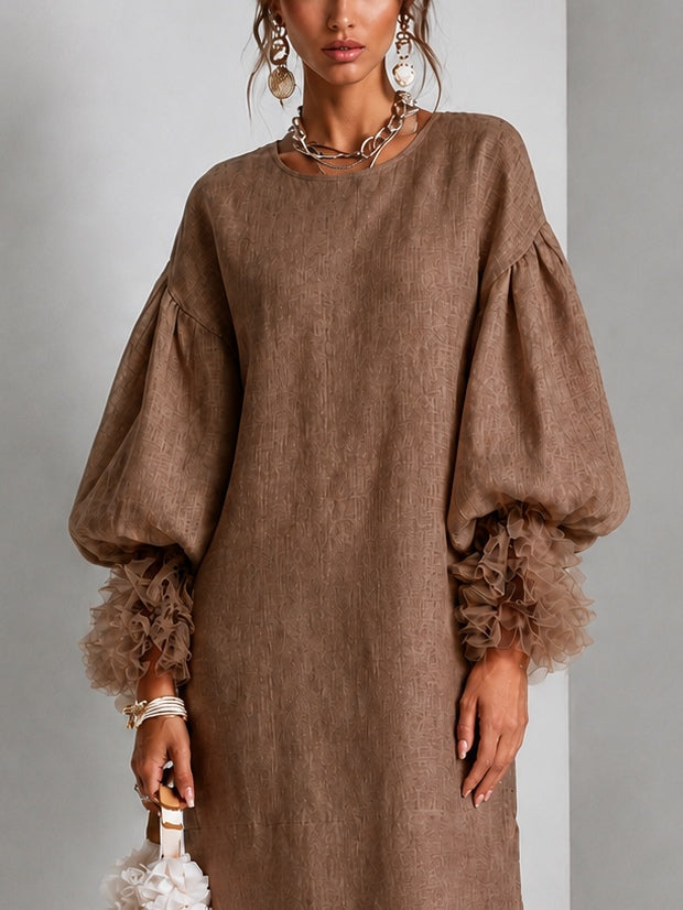 Fiorella™ | Drawstring-Waist Midi Dress with Lantern Sleeves & Ruffled Cuffs