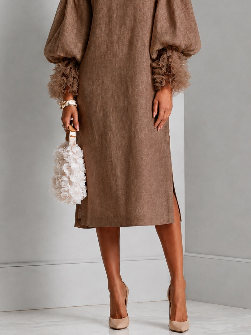 Fiorella™ | Drawstring-Waist Midi Dress with Lantern Sleeves & Ruffled Cuffs