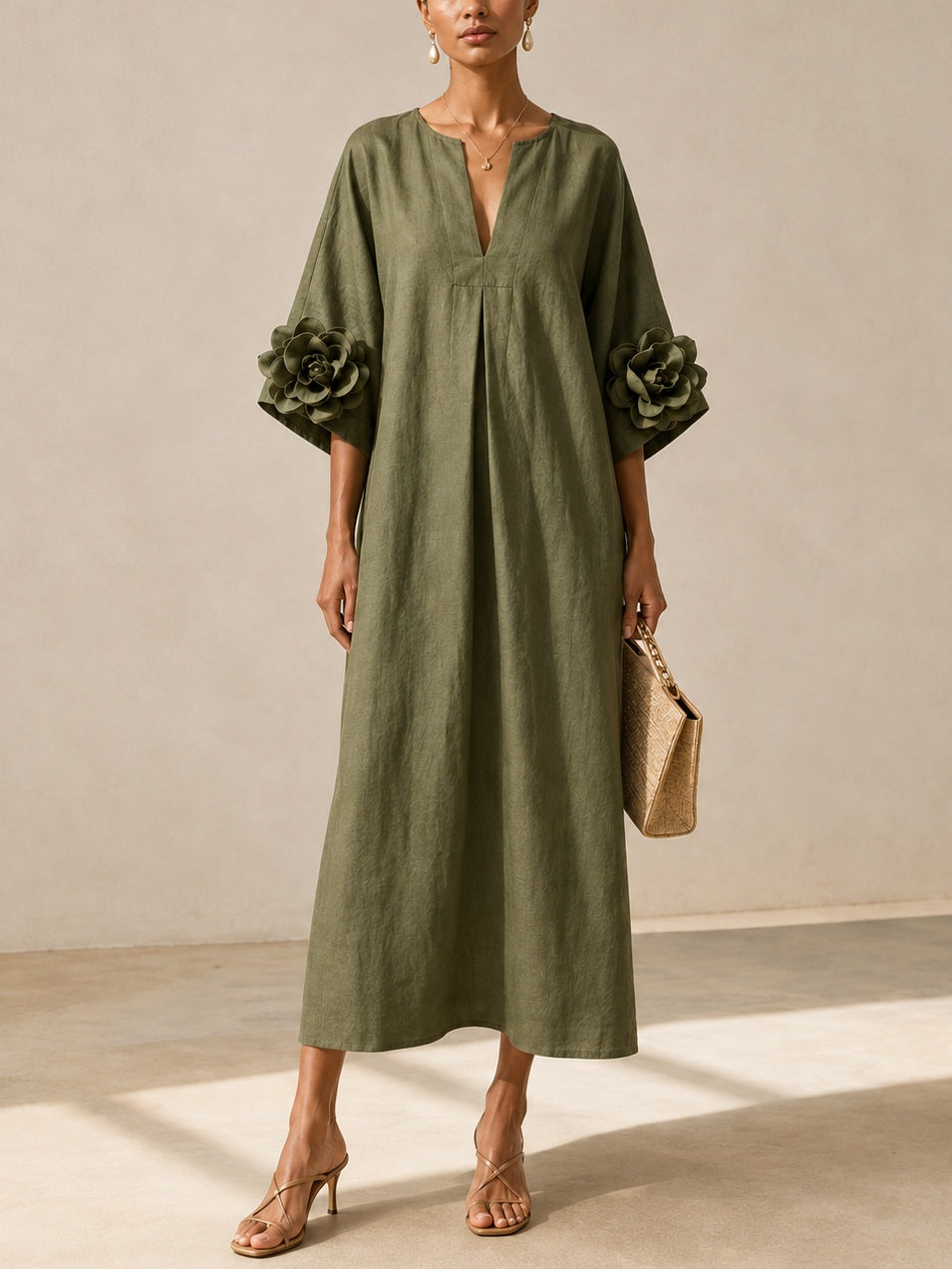 Floravaine™ | V-Neck Midi Dress with Floral Cuffs