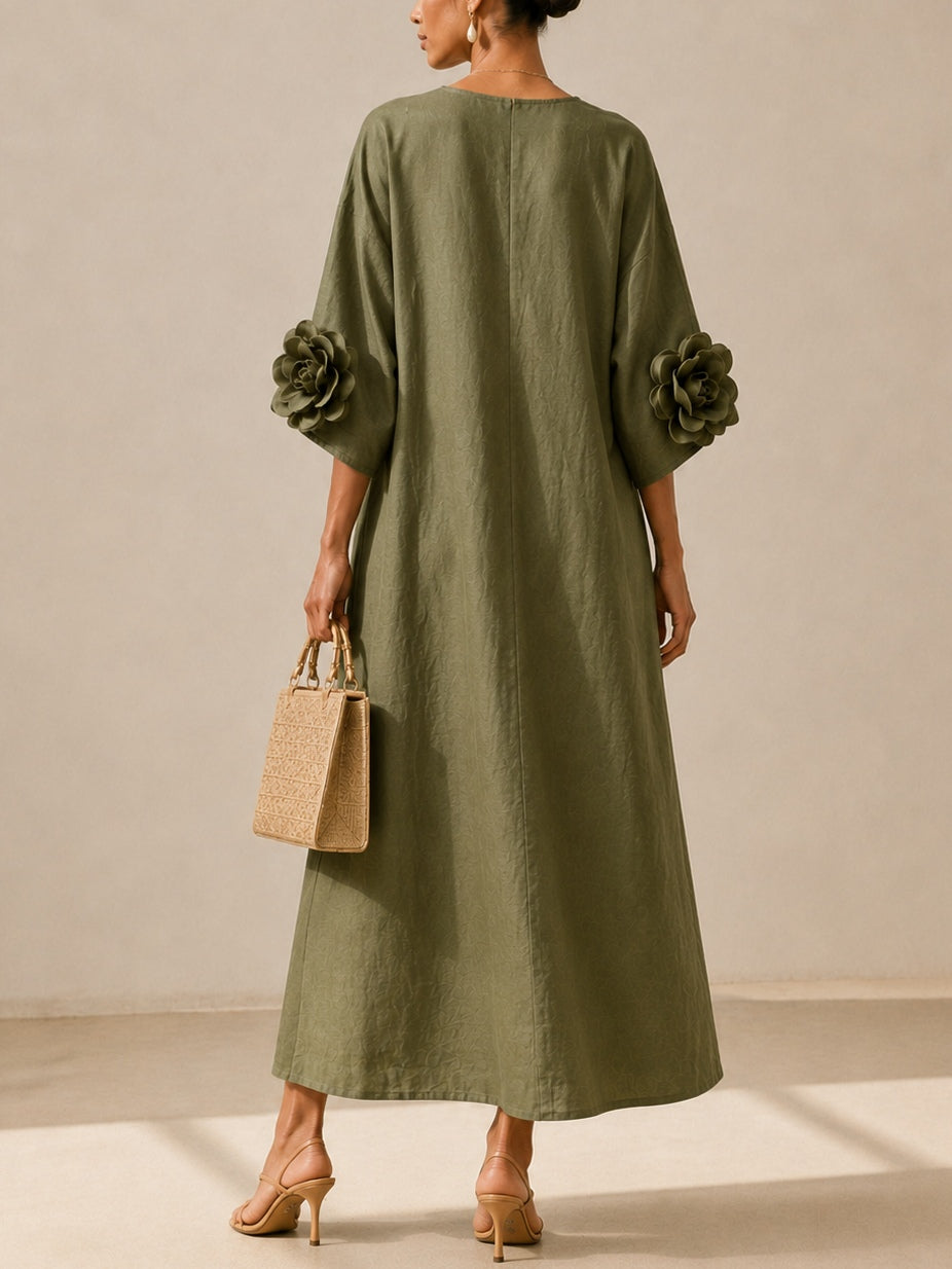 Floravaine™ | V-Neck Midi Dress with Floral Cuffs