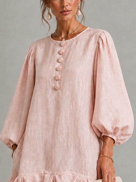 Anneliese | Button-Front Puff-Sleeve Dress with Ruffled Hem