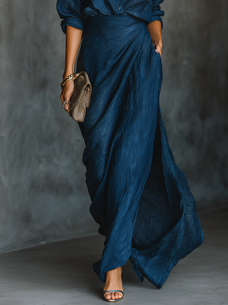 Mirabel™ | Elegant Dark Blue Shirt Long Skirt Set