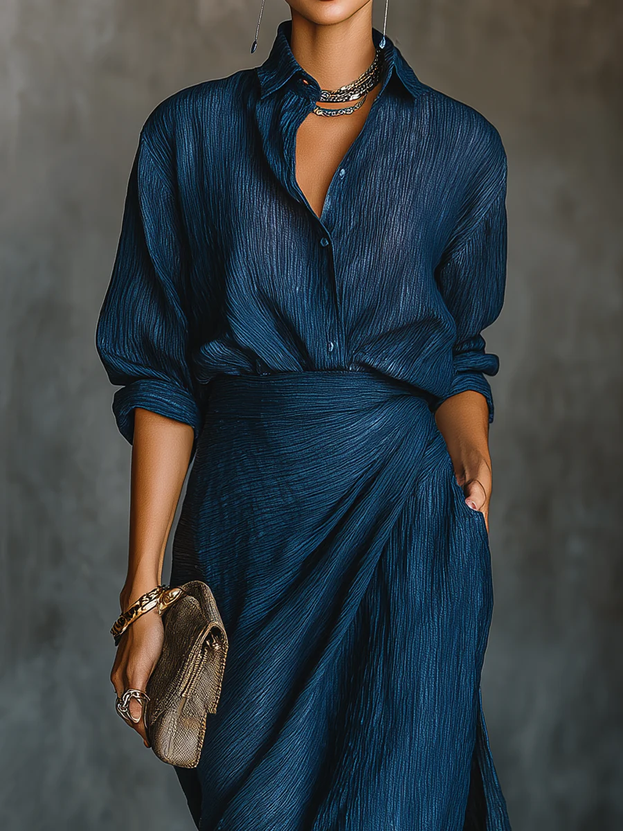 Mirabel™ | Elegant Dark Blue Shirt Long Skirt Set