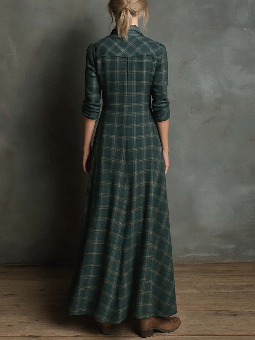 Margaux | Long Shirt Dress with Green Gingham Collar