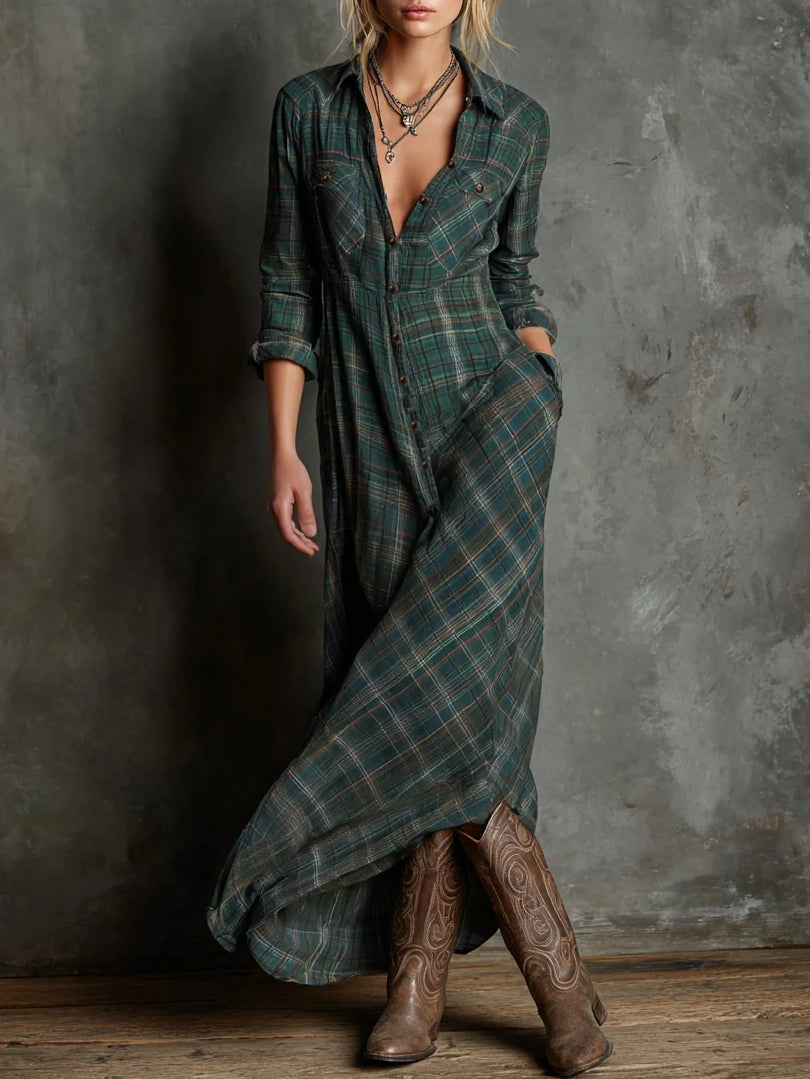 Heloise™ | Plaid Lapel Single-Breasted Shirt Maxi Dress