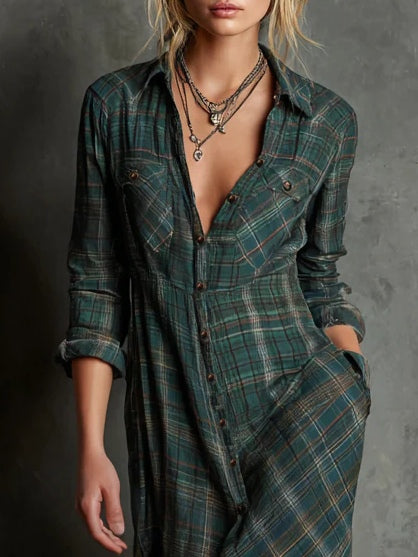 Margaux | Long Shirt Dress with Green Gingham Collar