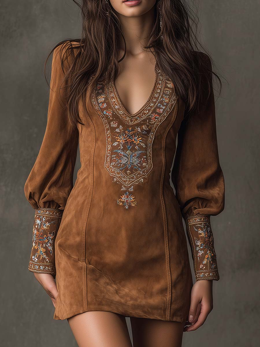 Silvana™ | Vintage Embroidered Mini Dress with V-Neck