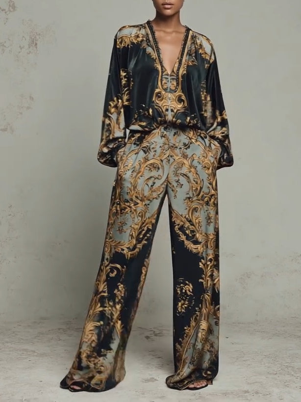 Joceline™ | Baroque Print Two-Piece Set with Wide-Leg Trousers and V-Neck Top