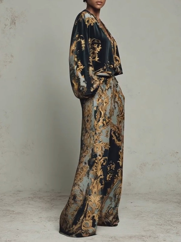 Joceline™ | Baroque Print Two-Piece Set with Wide-Leg Trousers and V-Neck Top