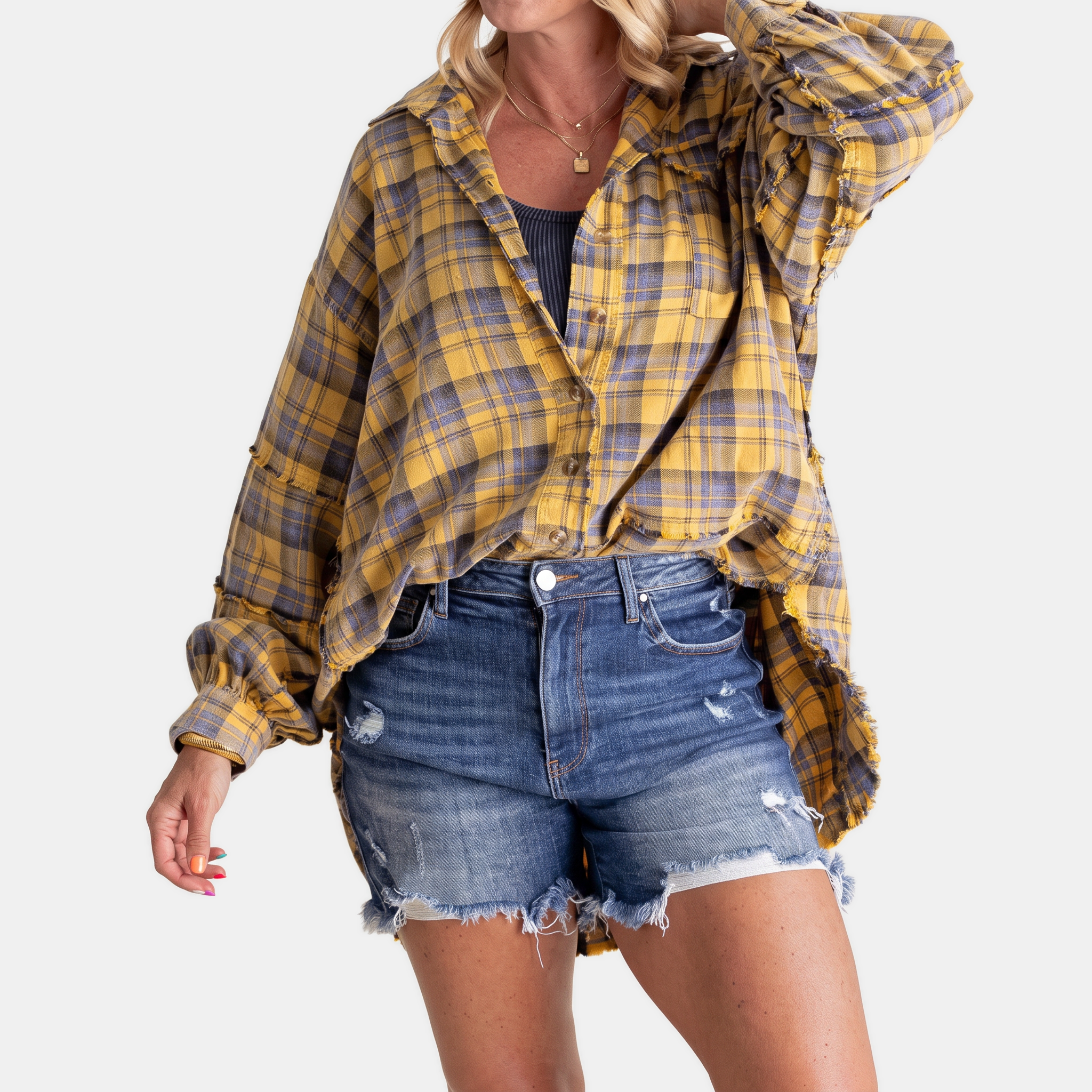 Isadora™ | Oversized Raw Hem Plaid Shirt