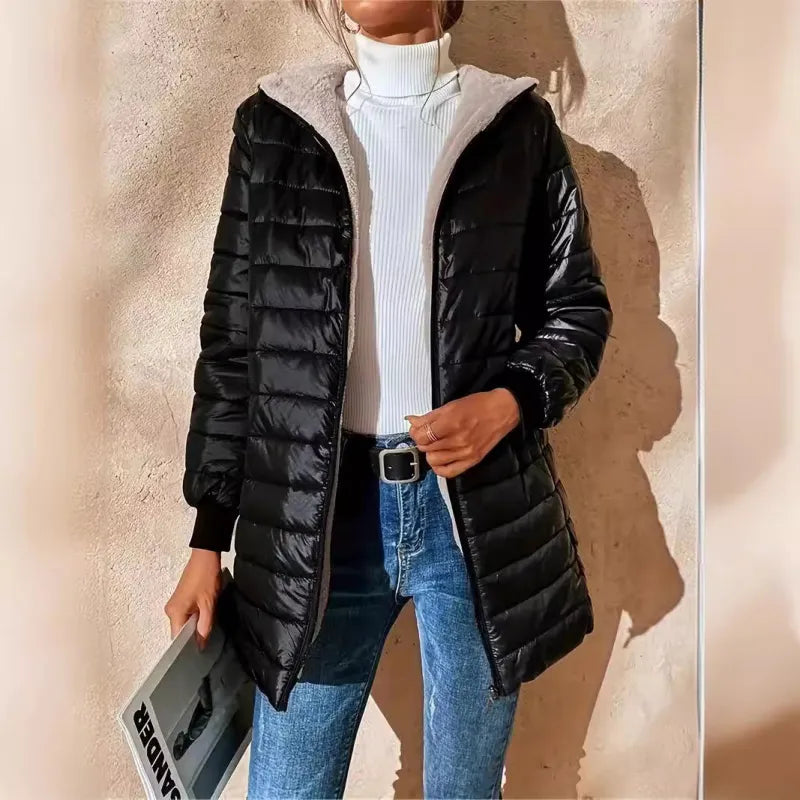 Women's Quilted Jacket with Hood and Zipper