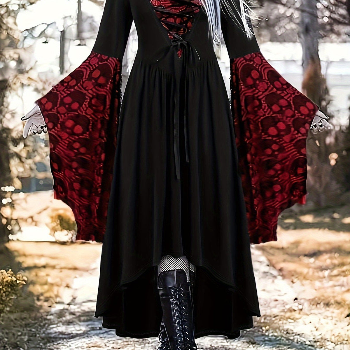 Women's Halloween Skull Print Bat-Sleeve Dress