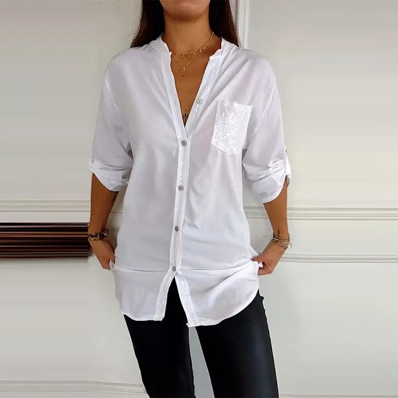 Lucette™ | Sequin Trim Button-Up Shirt