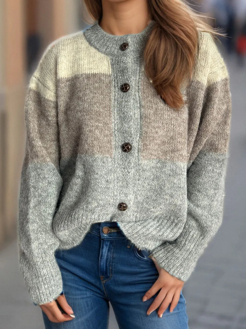 Elowyn™ | Color Block Round Neck Button-Up Cardigan