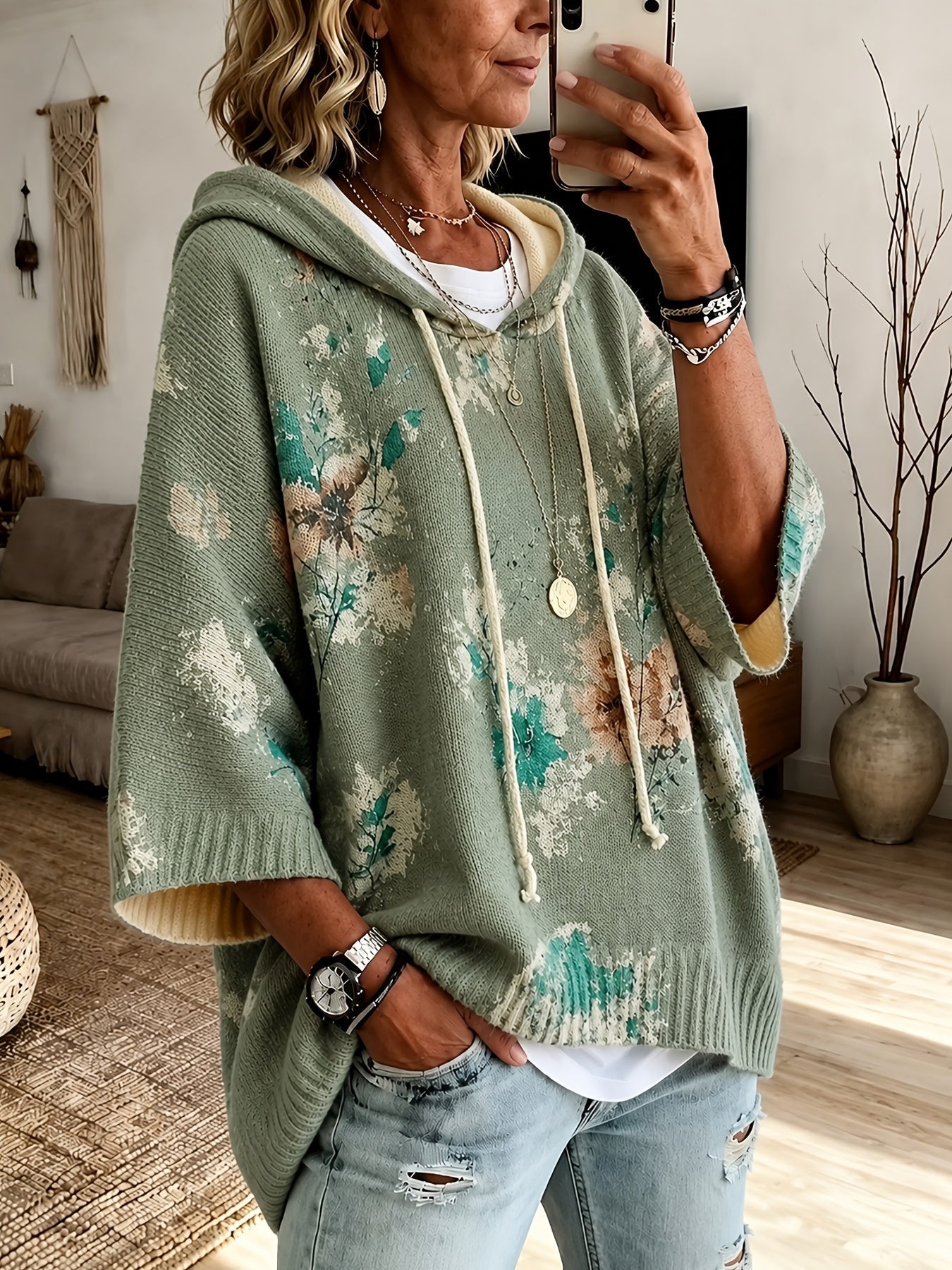 Nadia™ | Floral Hooded Cape Sweater