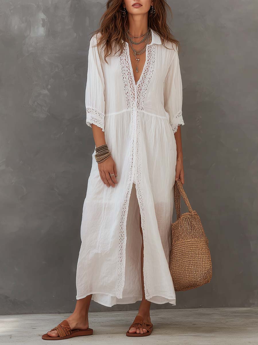 Kelowna™ | Vintage Lace-Trimmed Shirt Maxi Dress