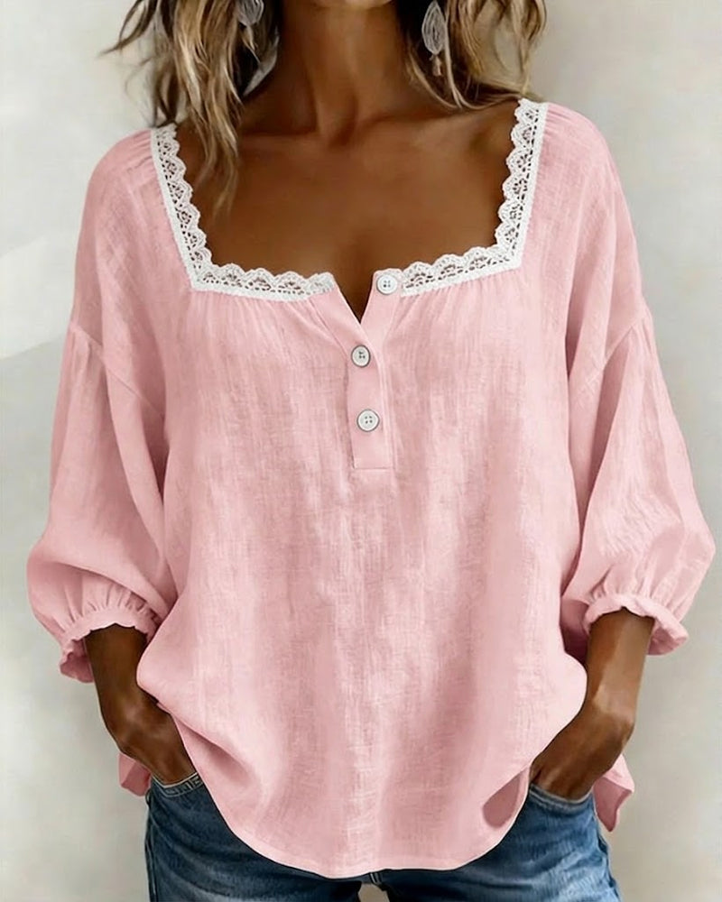 Trelaine™ | Lace-Trim Square Neck Blouse