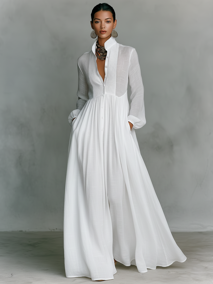 Genevieve | High-Collar Button-Front Maxi Dress
