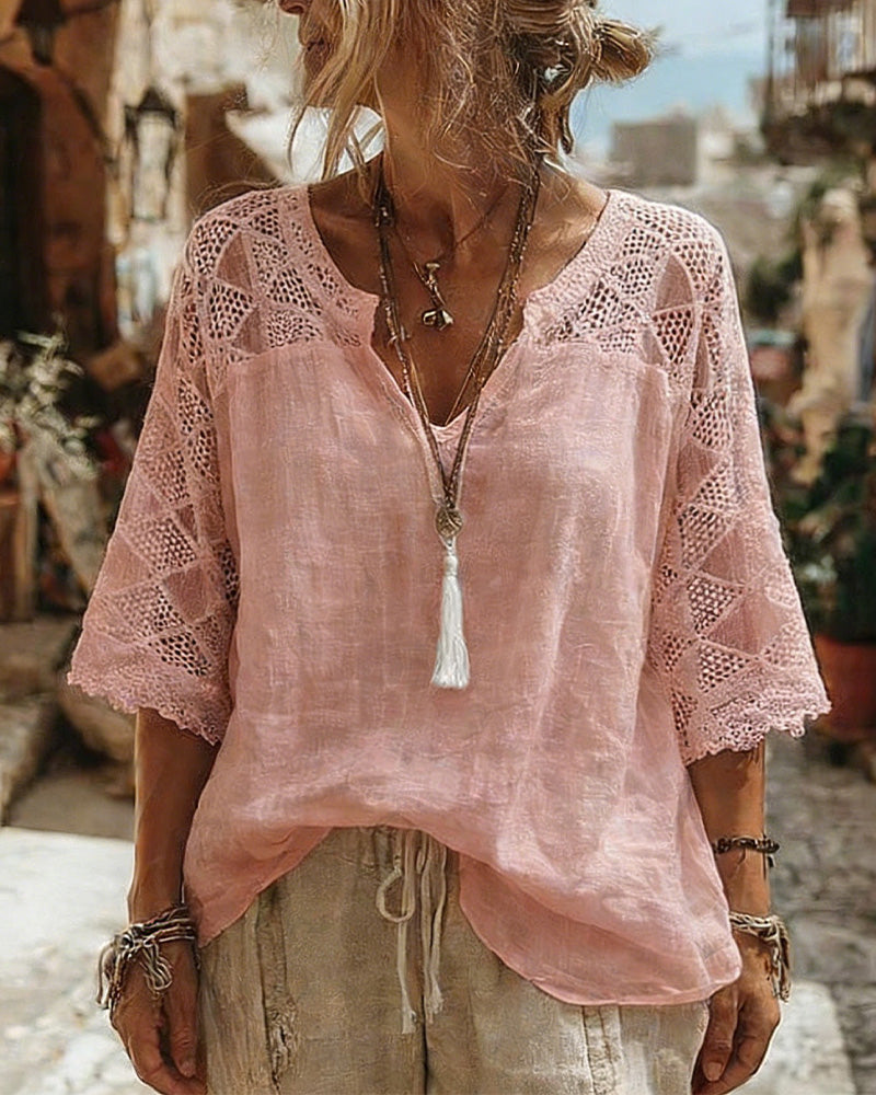 Corinne™ | V-Neck Blouse with Lace Detail