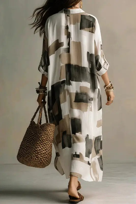 Nolaine™ | Abstract Print Maxi Shirt Dress