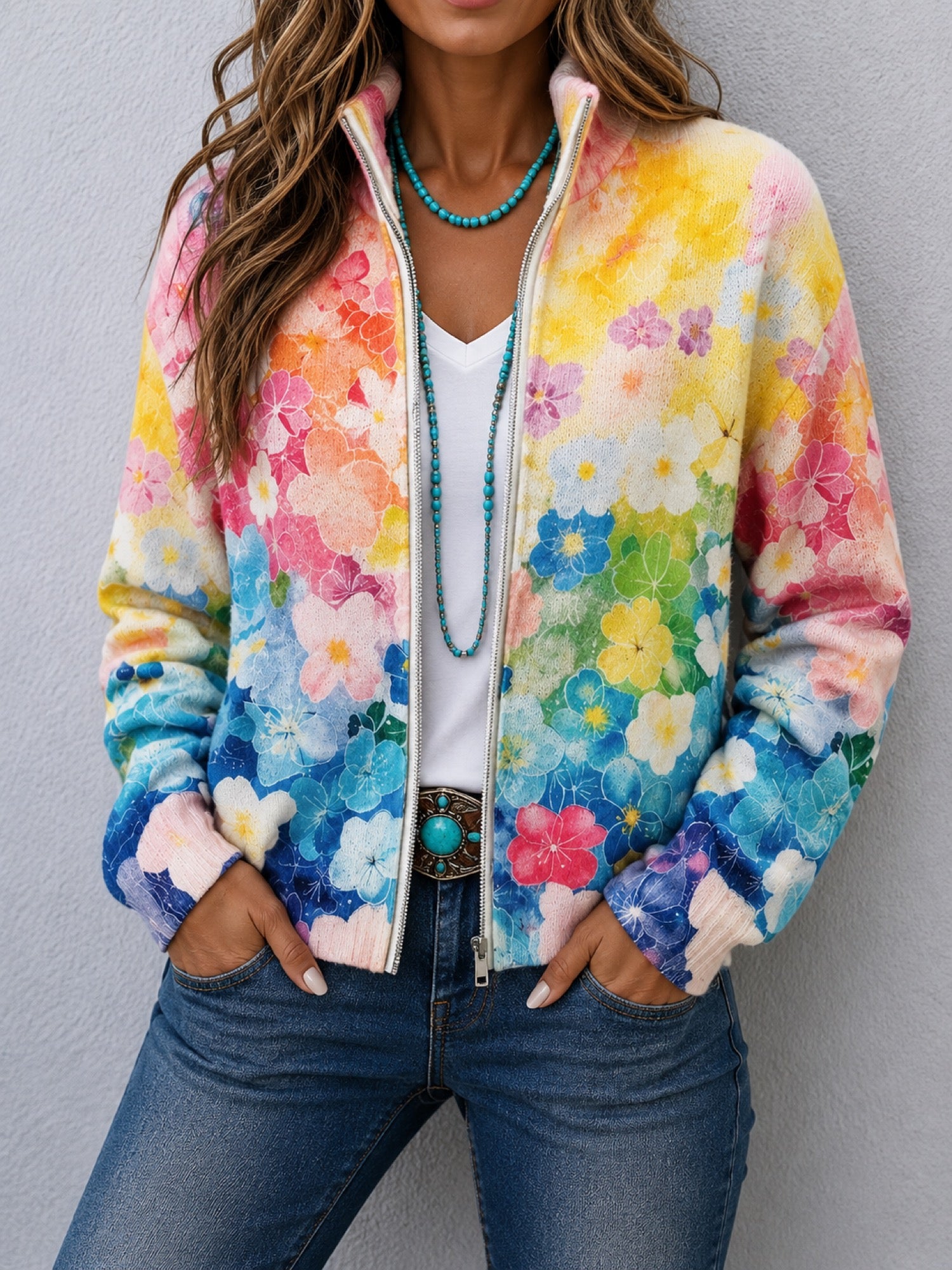 Augusta™ | Watercolor Floral Ombre Zip Cardigan