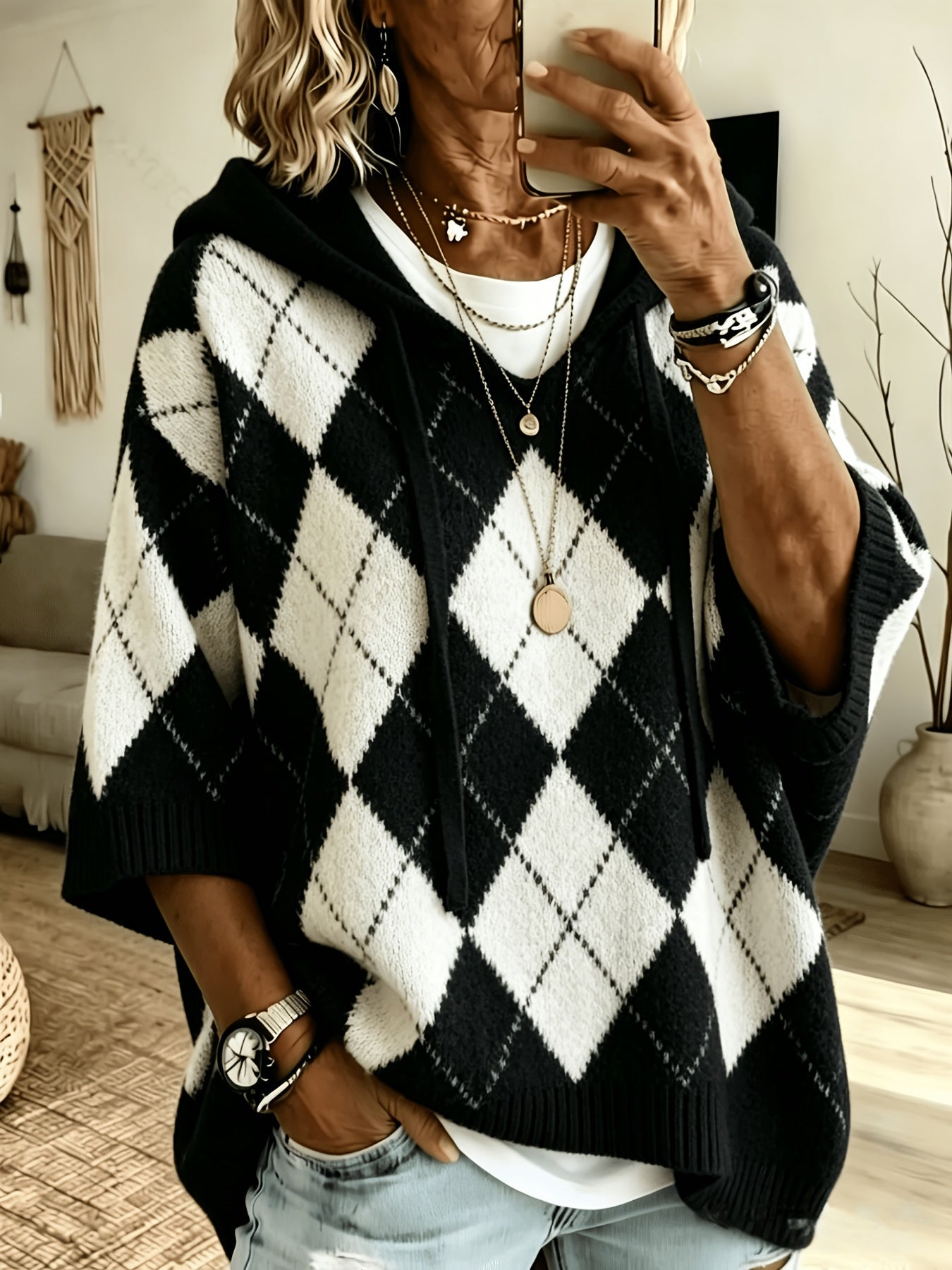Nadia™ | Retro Diamond Hooded Sweater