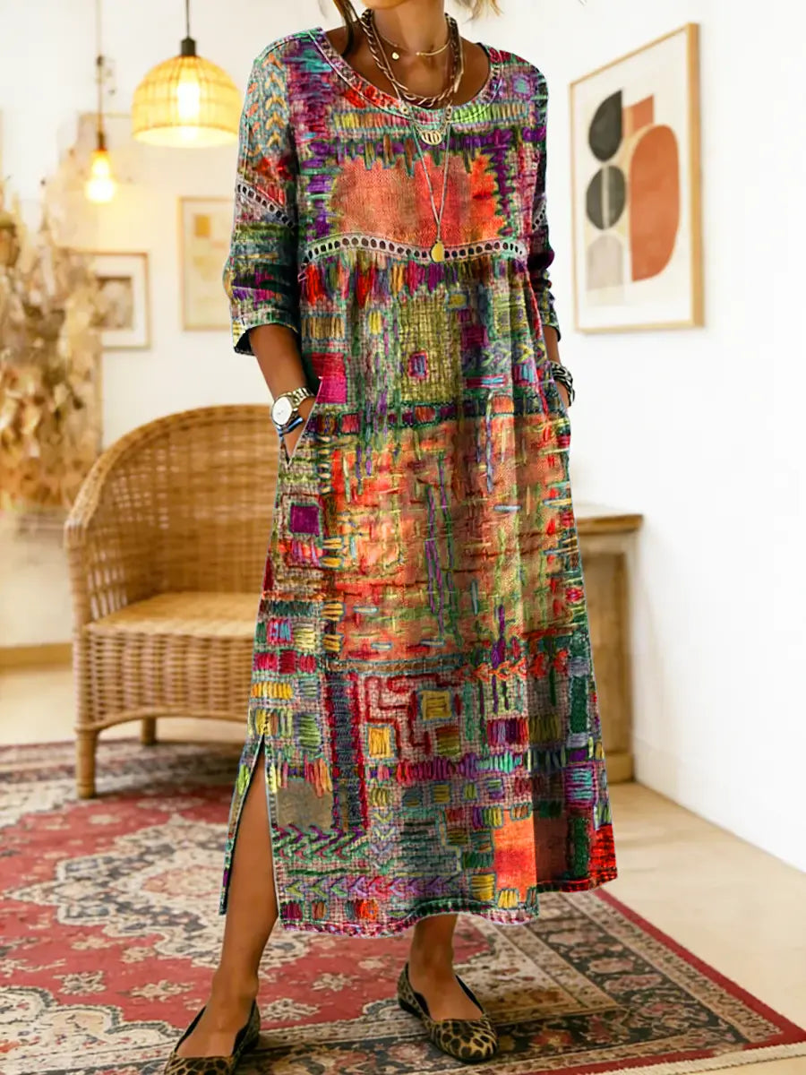 Frondine™ | Patchwork Ethnic Midi Dress
