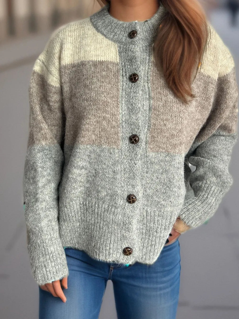 Elowyn™ | Color Block Round Neck Button-Up Cardigan