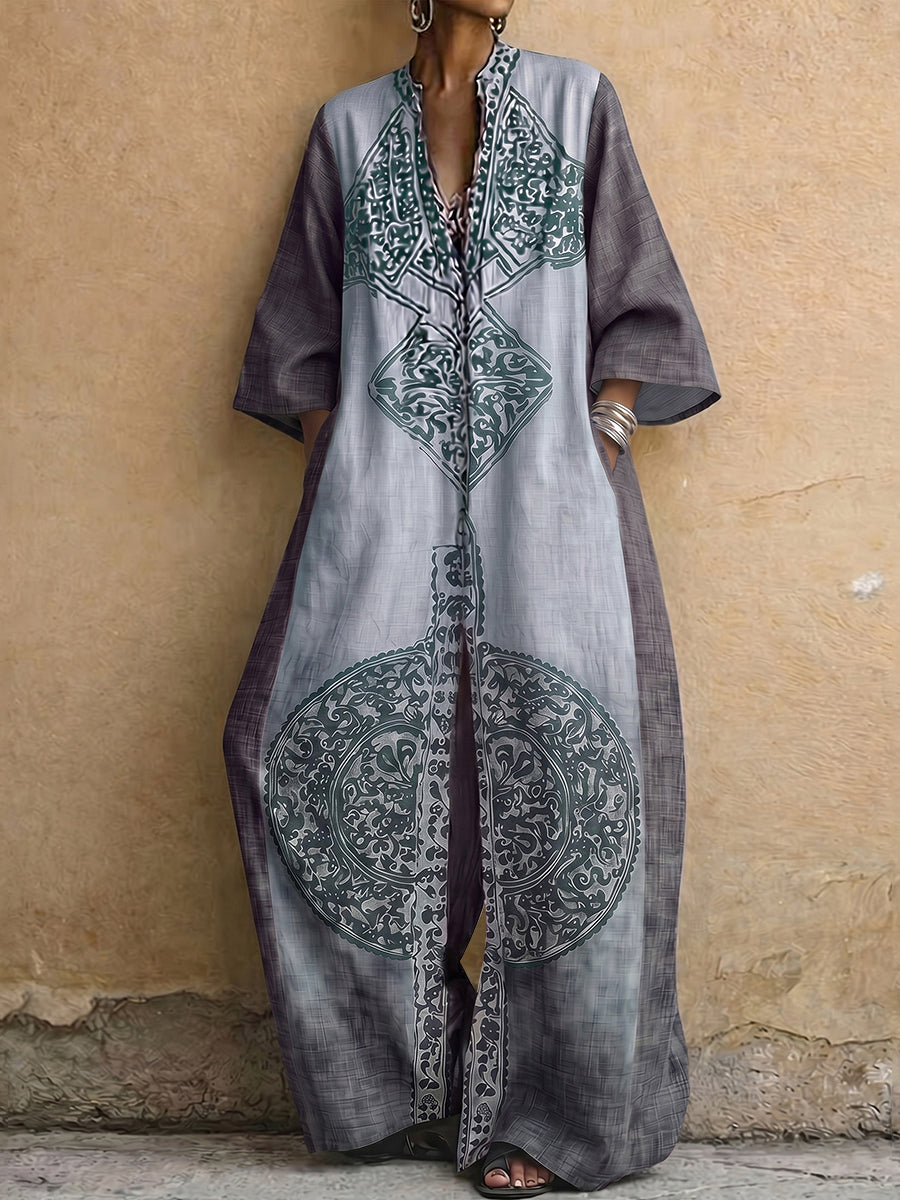 Romilda™ | Loose Three-Quarter Sleeve Contrast Color Ethnic Printed Pockets V-Neck Jumpsuit