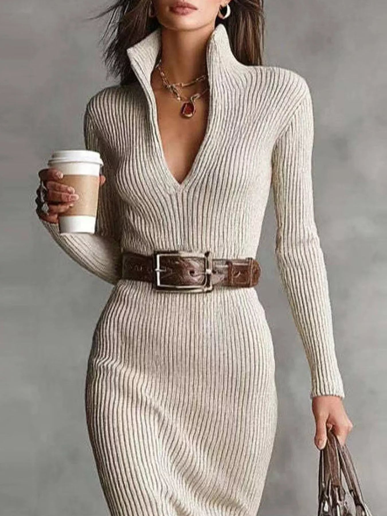 Noreen™ | Ribbed Knit V-Neck Midi Sweater Dress