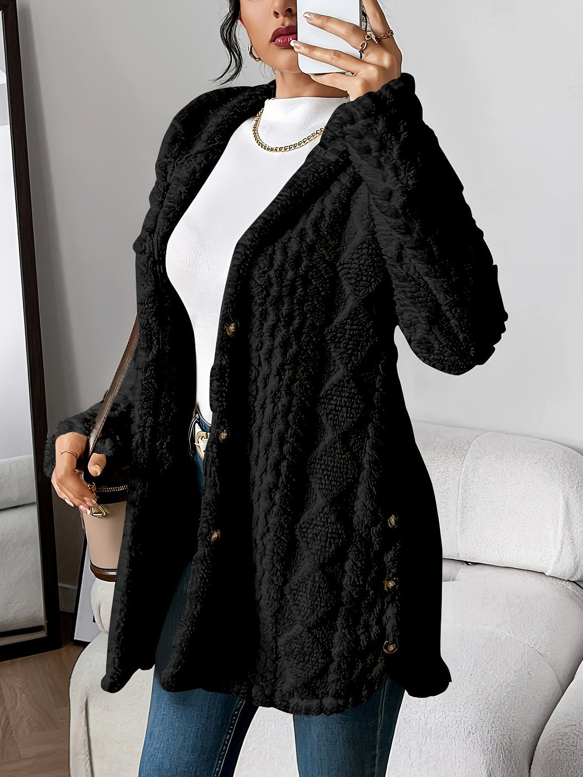 Women's Coat with Hood and Button Closure