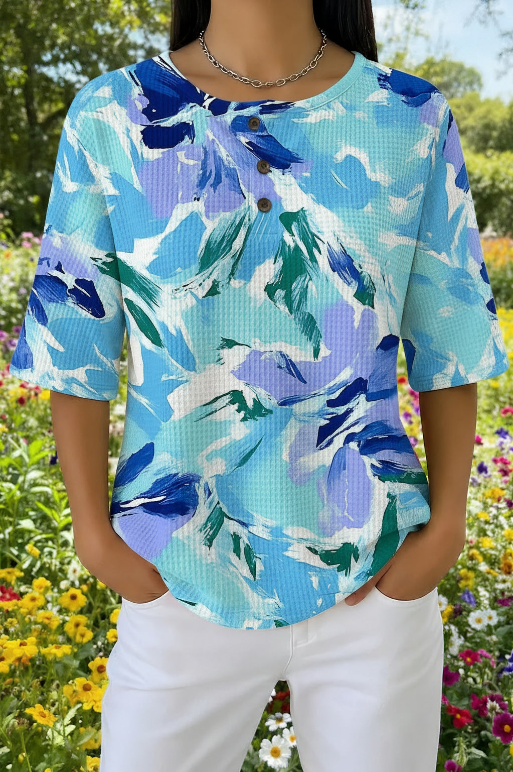 Hollyanne™ | Abstract Leaf Print Short Sleeve Button-Neck Top