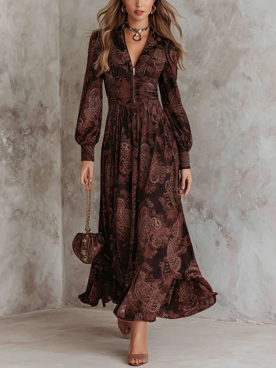 Celestyna™ | Paisley Print Zipper-Neck Long Sleeve Maxi Dress