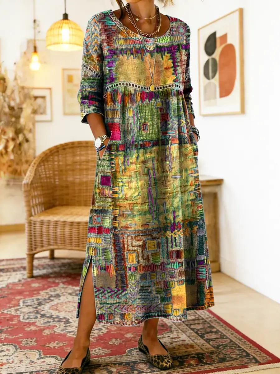 Frondine™ | Patchwork Ethnic Midi Dress