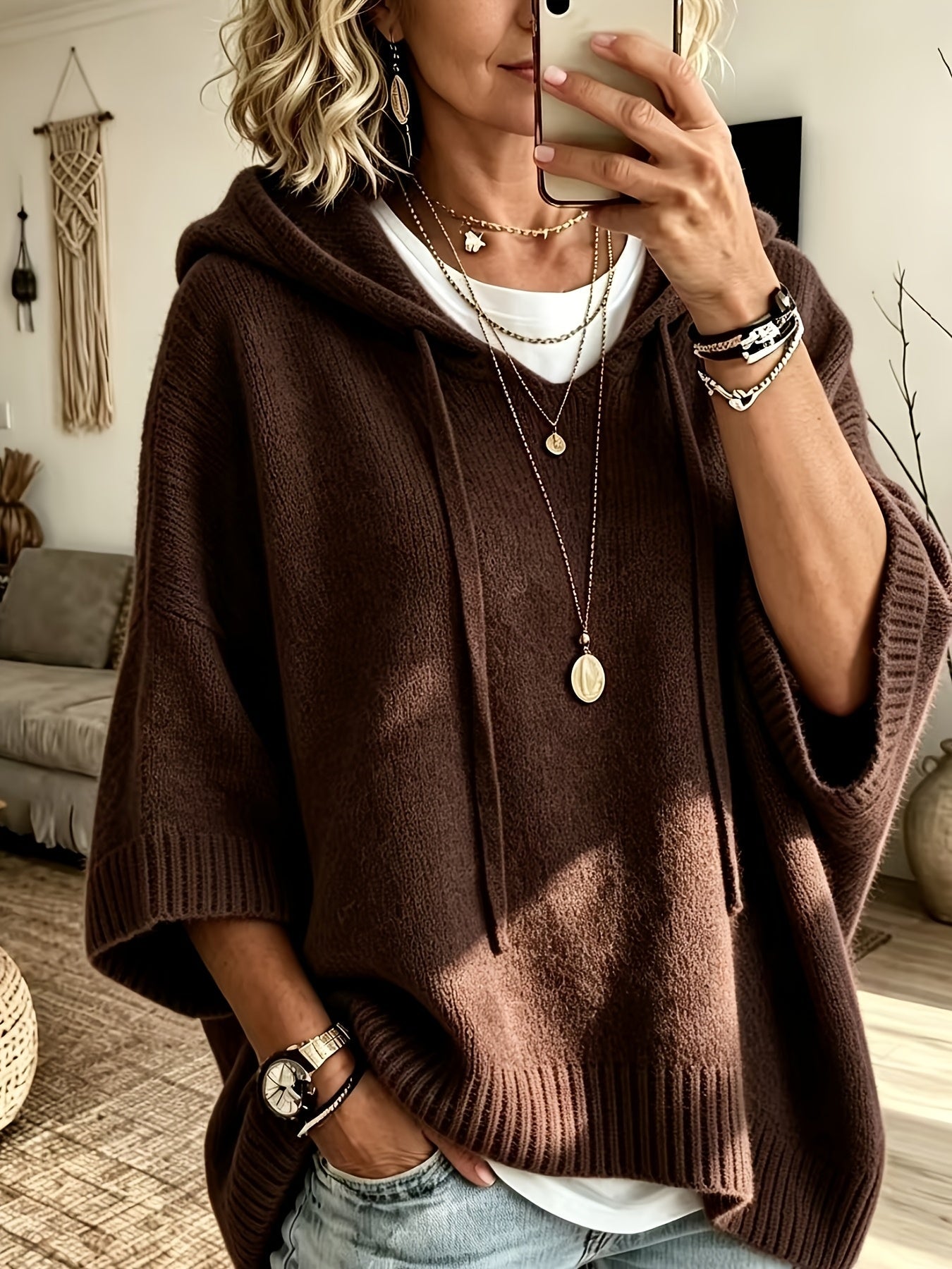 Vynora™ | Casual Drawstring Hooded Poncho Sweater