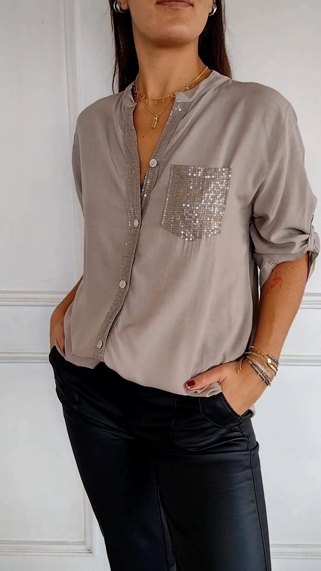 Lucette™ | Sequin Trim Button-Up Shirt