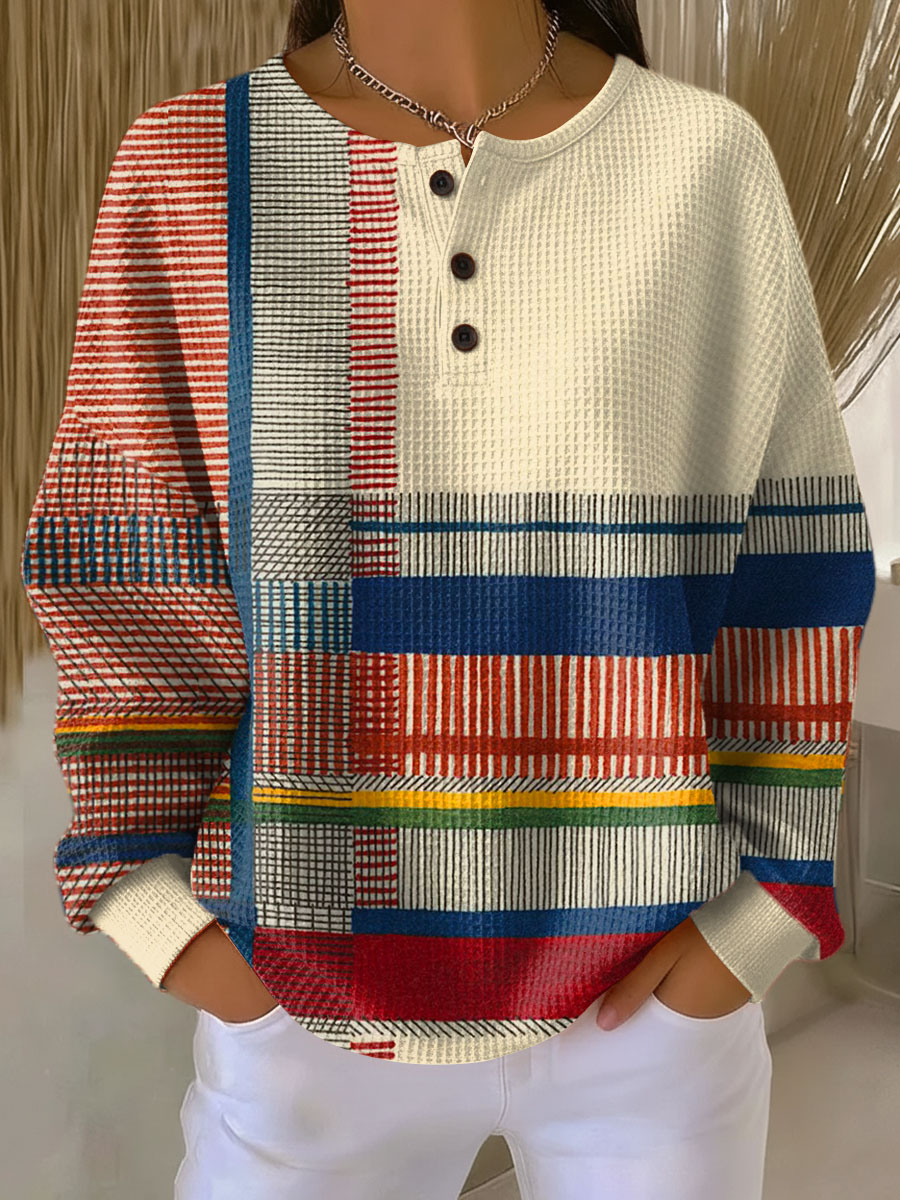 Greta™ | Patchwork Print Henley Sweater