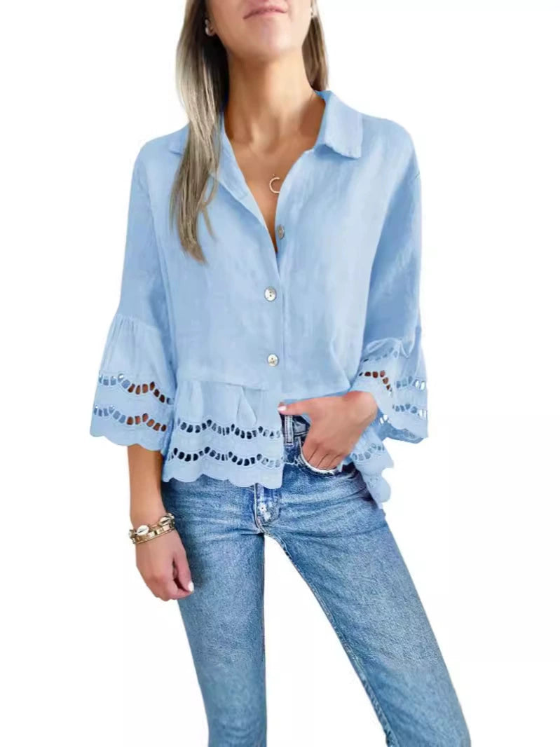 Bela™ | Scalloped Eyelet Blouse - Light Blue