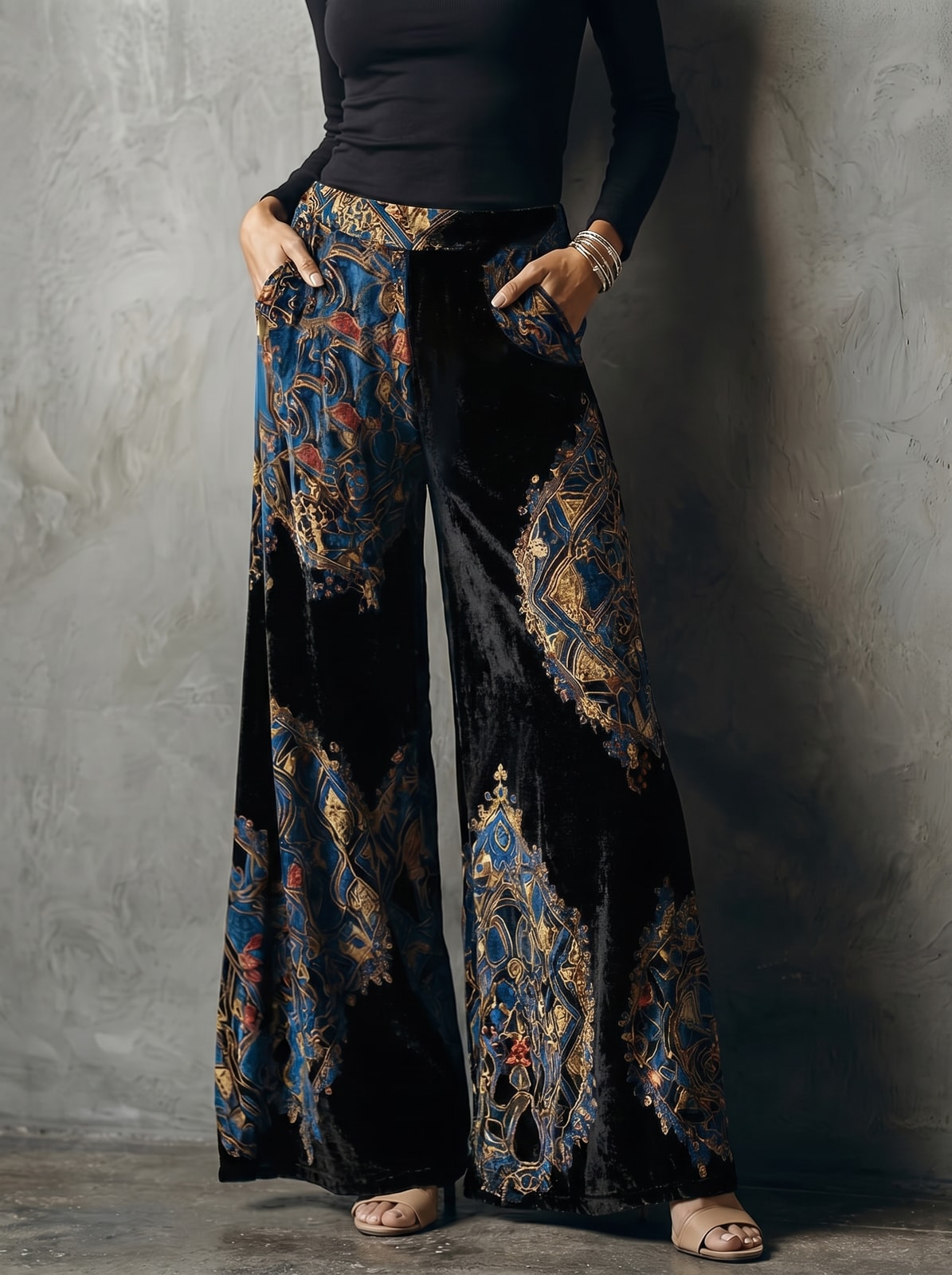 belisandre black paisley velvet palazzo trousers