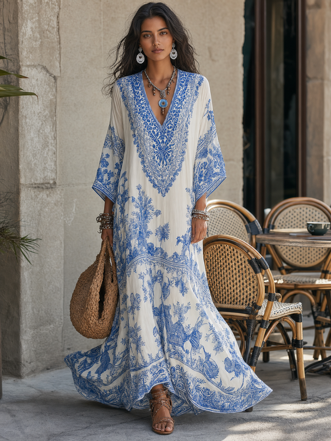 Santorini™ | Blue Porcelain Print V-Neck Kaftan Dress