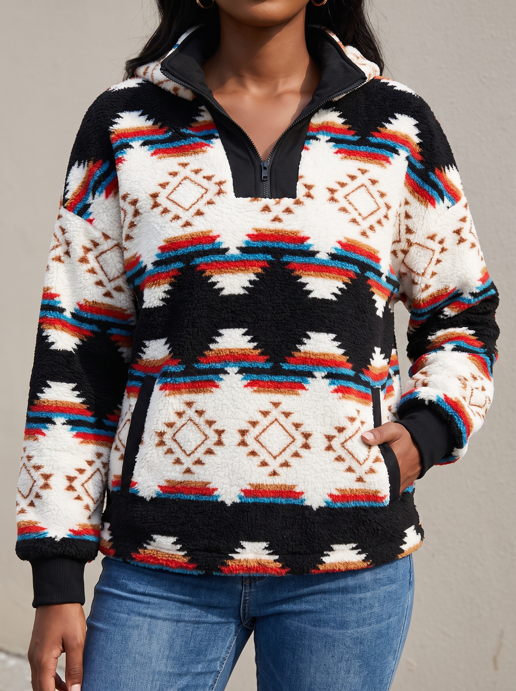 Zephyrine™ | Shawl-Neck Aztec Sherpa Pullover — 1