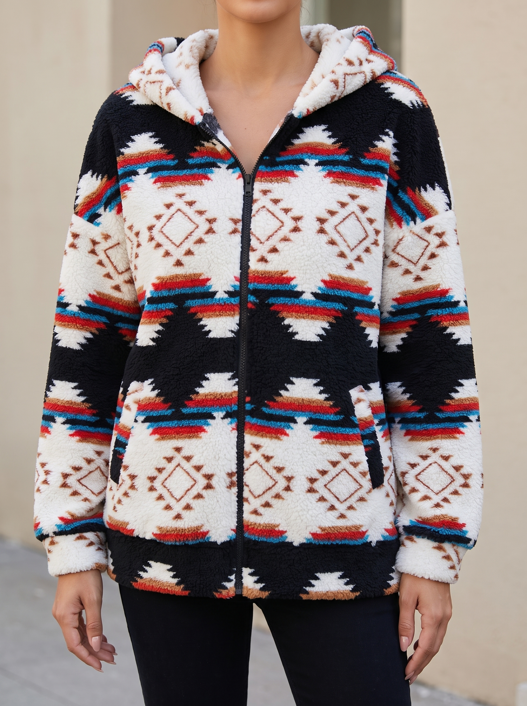 Zephyrine™ | Shawl-Neck Aztec Sherpa Pullover — 2