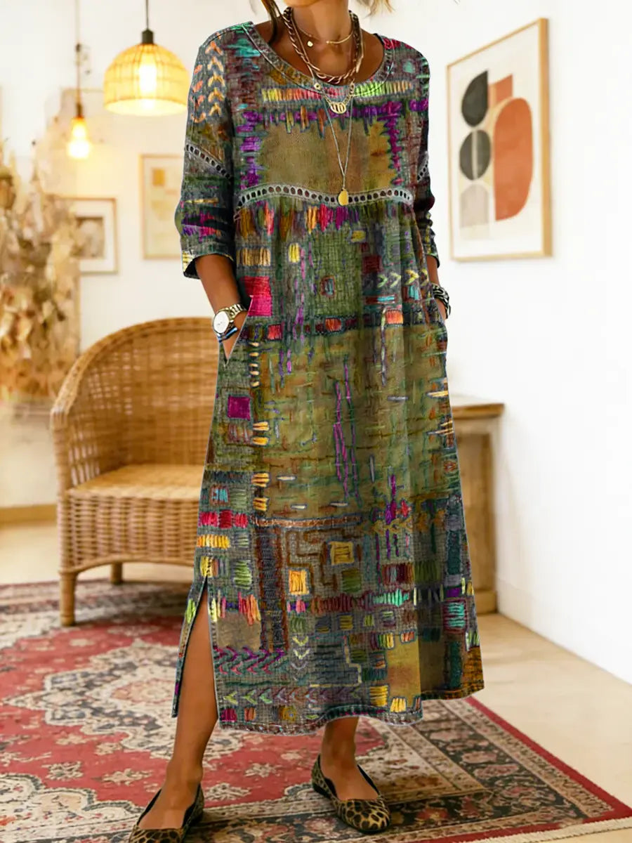 Frondine™ | Patchwork Ethnic Midi Dress