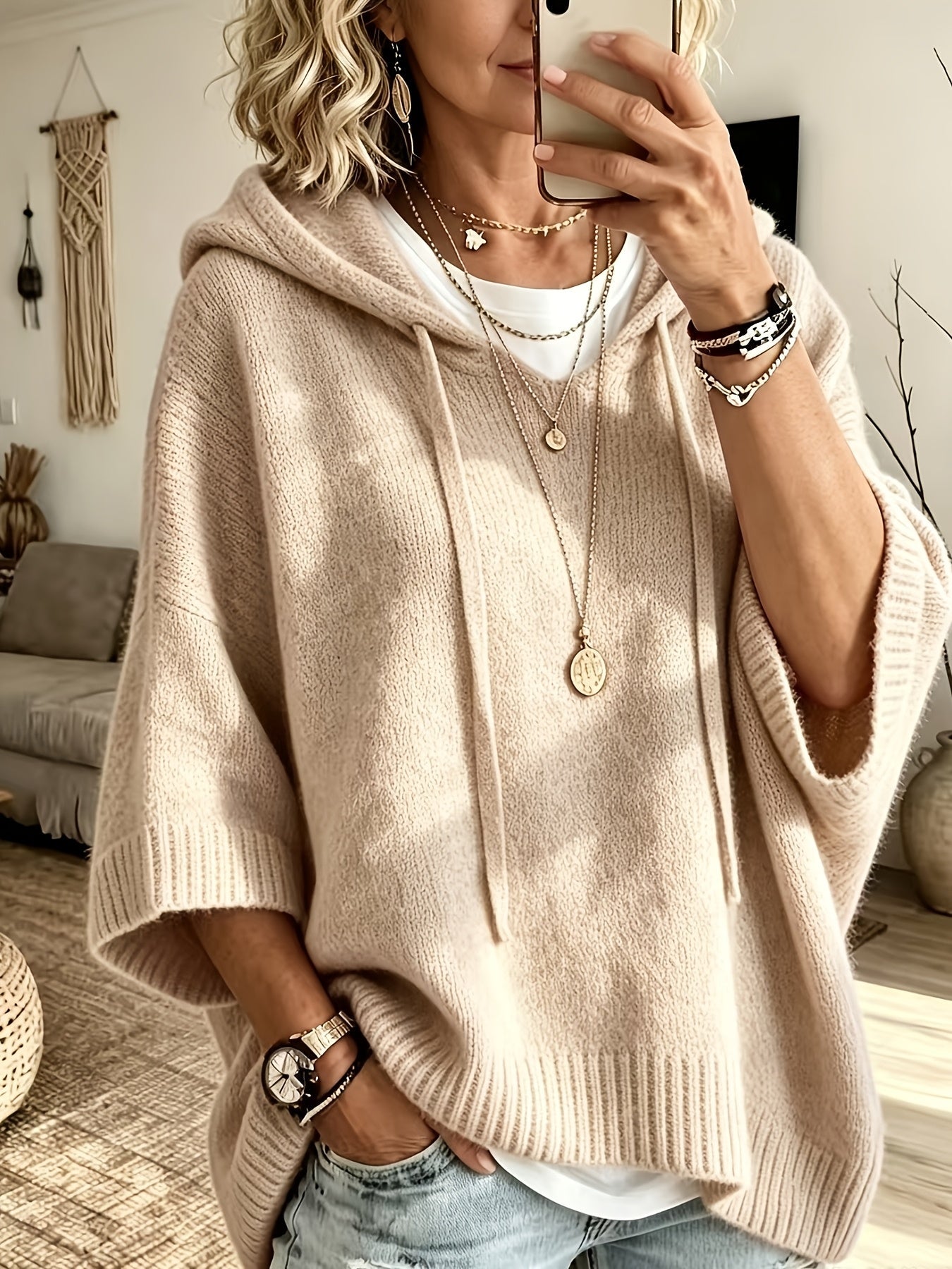 Vynora™ | Casual Drawstring Hooded Poncho Sweater