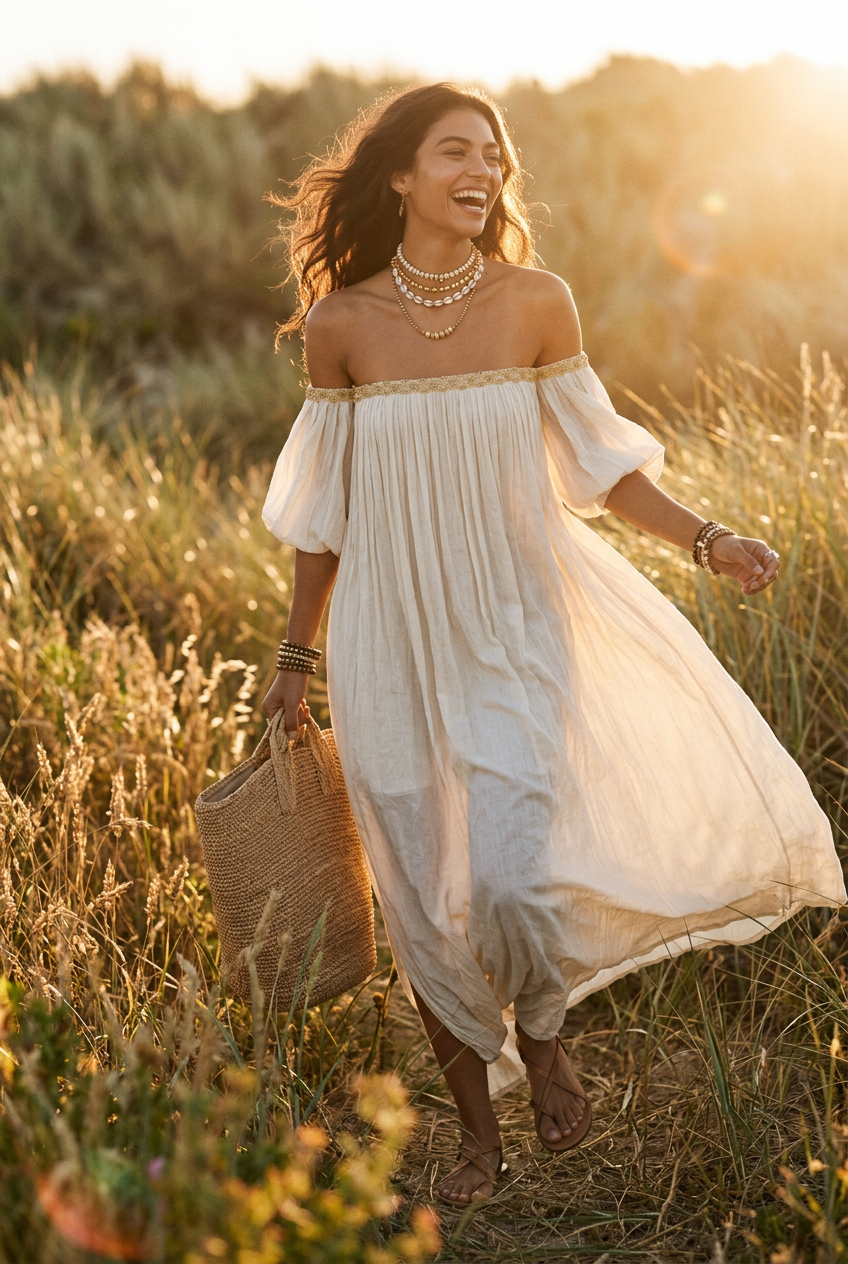 Oriselle™ | Off-the-Shoulder Pleated Ivory Maxi Dress