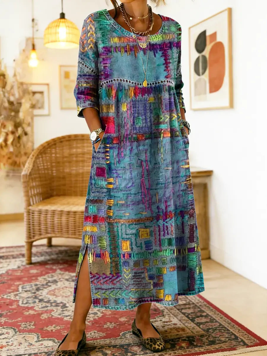 Frondine™ | Patchwork Ethnic Midi Dress